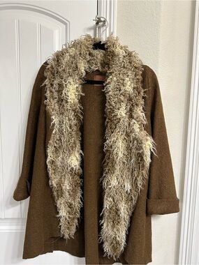 Brown Open-Front Women's Jacket with Faux-Shearling Shawl Collar